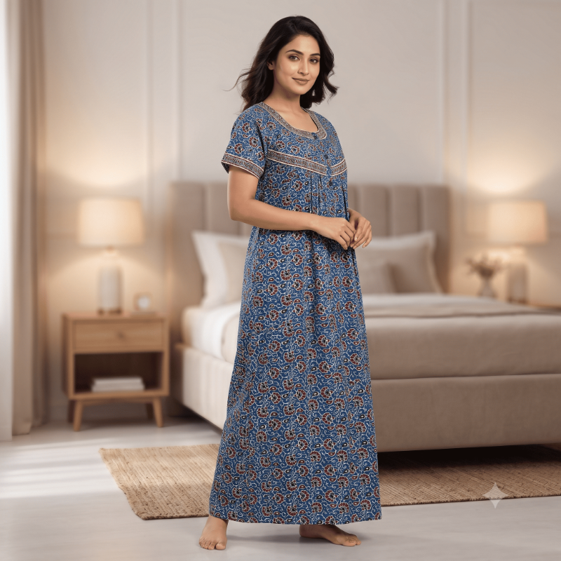 Blue Kalamkari/Ajrakh Print Cotton Nighty