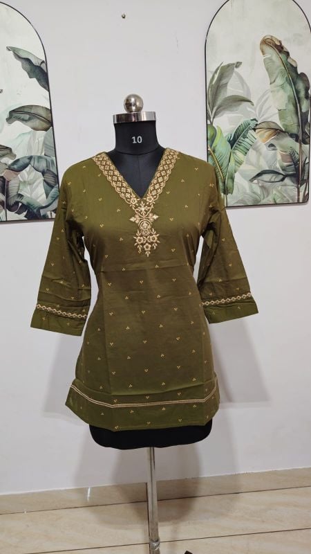 Olive Green Embroidered V-Neck Short Kurti