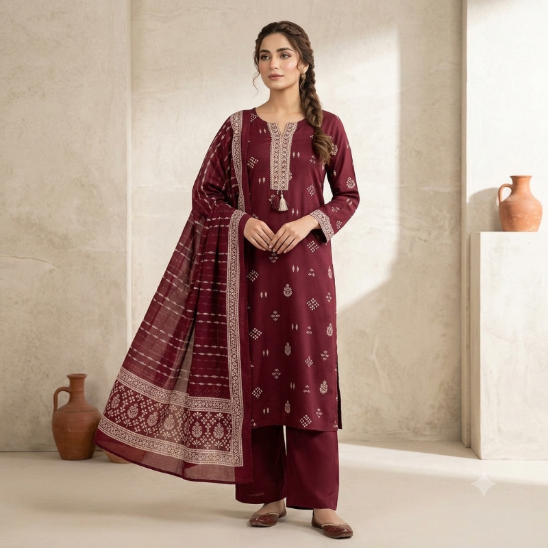 Maroon Printed 3-Piece Kurta Set
