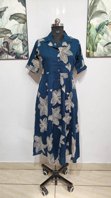 Anvita Floral Accent Teal Blue Shirt-Style Maxi Dress