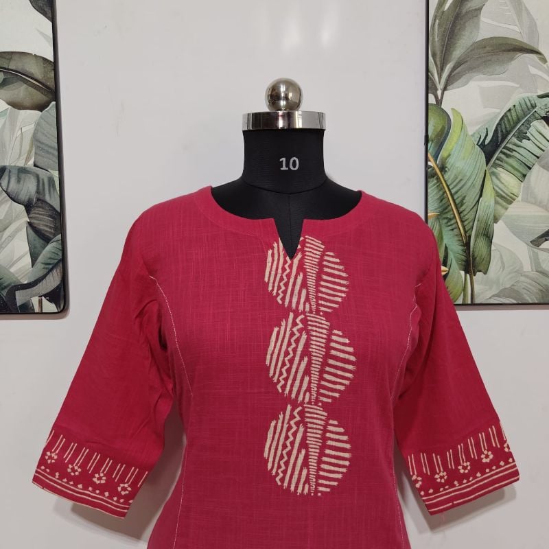 nvita Women Hot Pink Slub Cotton Kurti with Geometric Motif Yoke