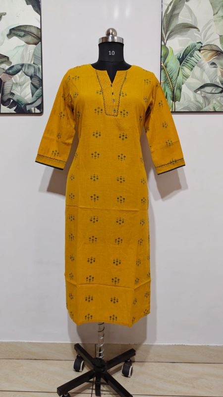 Anvita Mustard Yellow Printed Cotton Kurti / Long Top