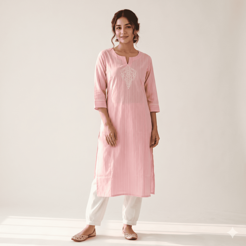 Anvita Pastel Pink Striped Embroidered Kurta