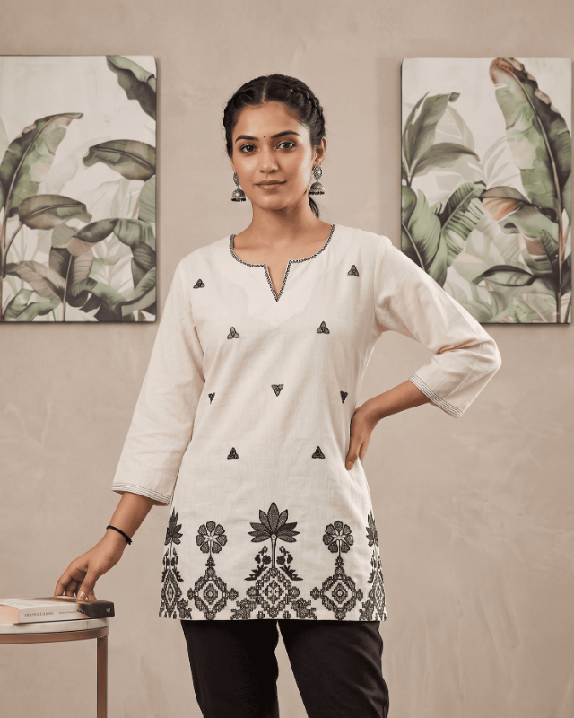 Off-White Floral Embroidered Cotton Short Kurti