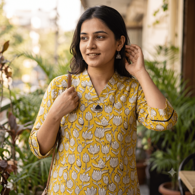 Anvita Mustard Yellow Block-Printed Short Kurti