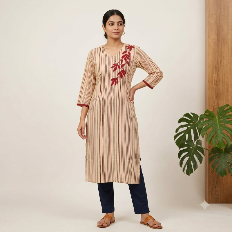 Anvita Beige & Maroon Striped Cotton Kurti with Appliqué Embroidery