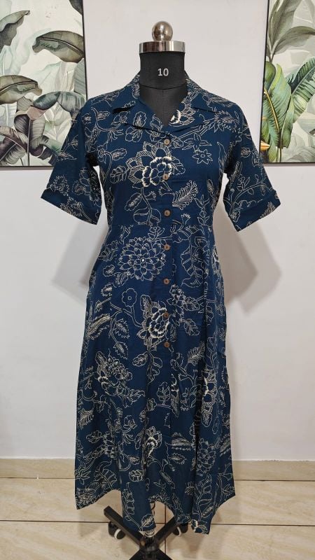 Anvita Line-Art Floral Navy Shirt-Style Maxi Dress