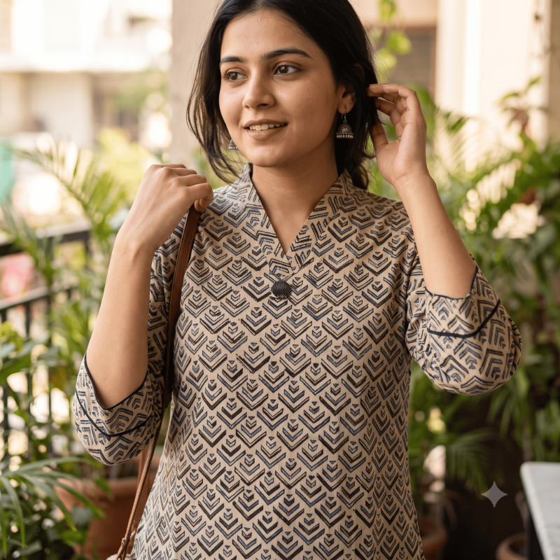 Anvita Beige & Slate Geometric Block-Printed Short Kurti