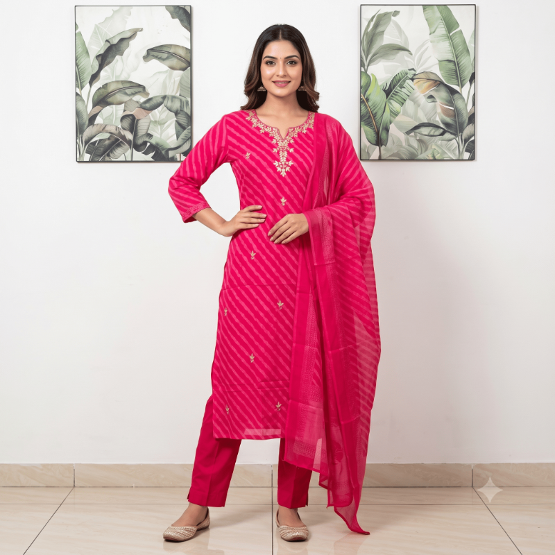 Vibrant Magenta Leheriya Kurta Set with Gota Patti Embroidery