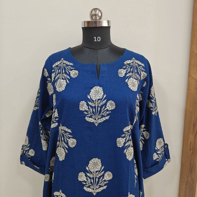 Anvita Royal Blue Floral Block Print Slub Cotton Kurti