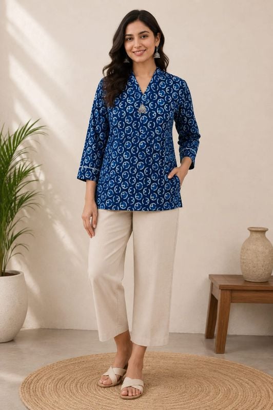 Anvita Indigo Blue Printed Short Kurti