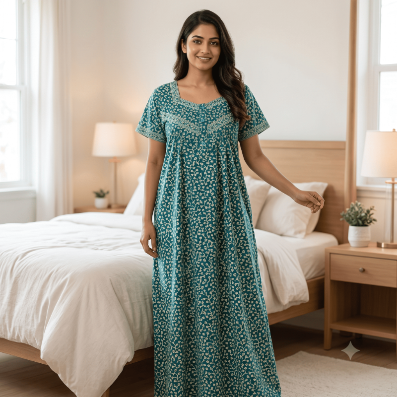 Cotton Printed Nighty – Teal Green