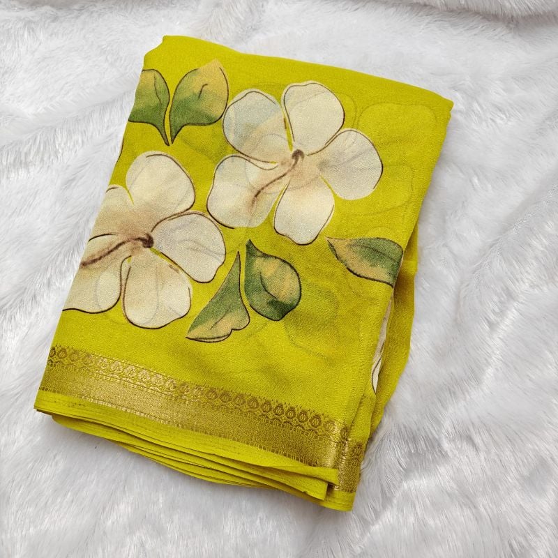 Elegant Olive Yellow Floral Chiffon Saree with Zari Border