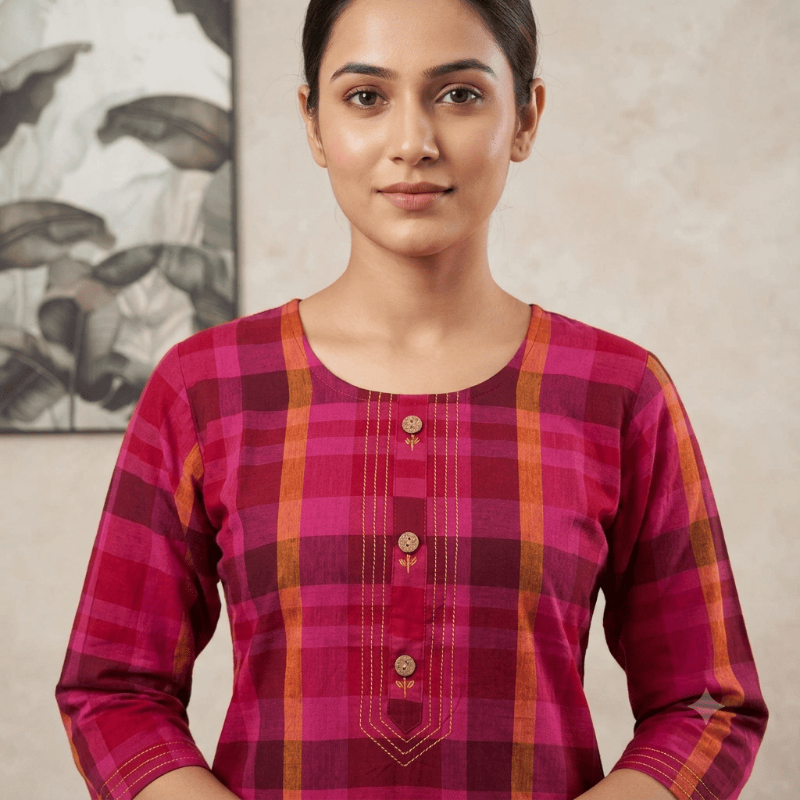 Vibrant Pink Madras Checks Pure Cotton Kurti