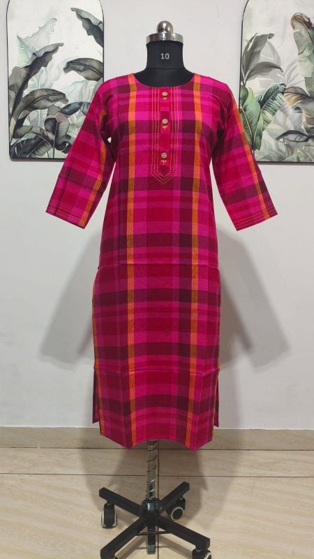 Vibrant Pink Madras Checks Pure Cotton Kurti