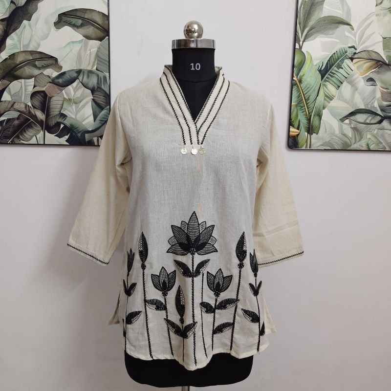 Off-White Lotus Embroidered V-Neck Short Kurti