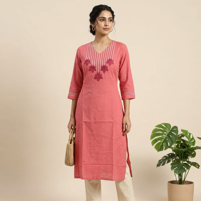 Anvita Coral Pink Cotton Kurti with Embroidery