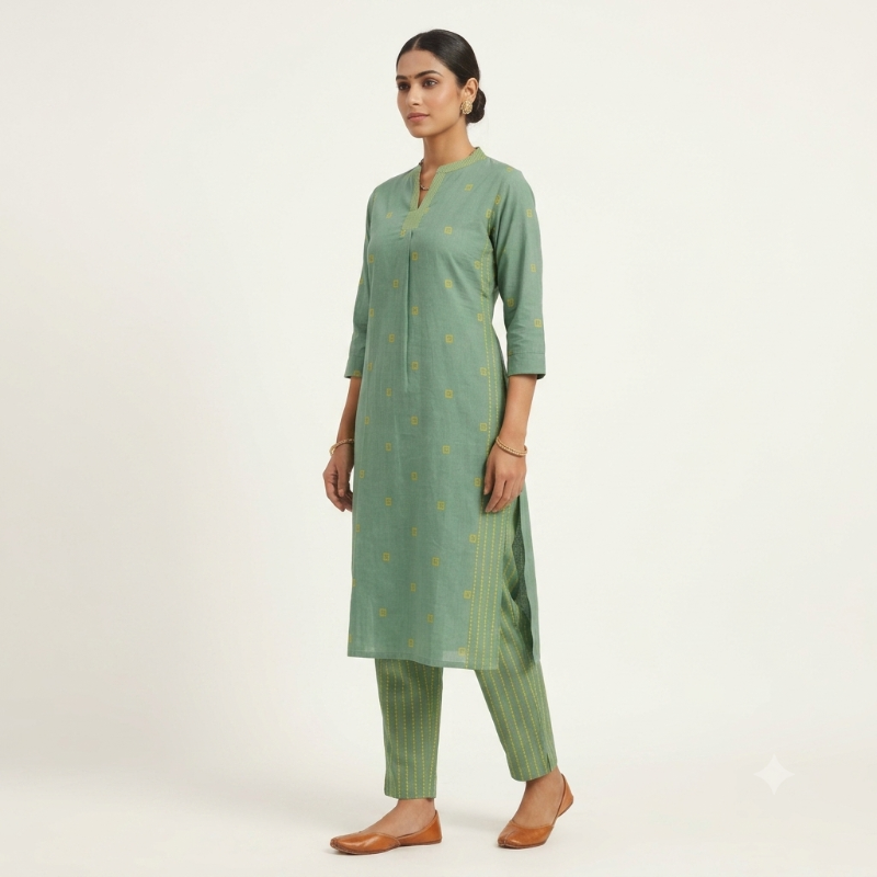 Anvita Sage Green Geometric Cotton Kurta Set