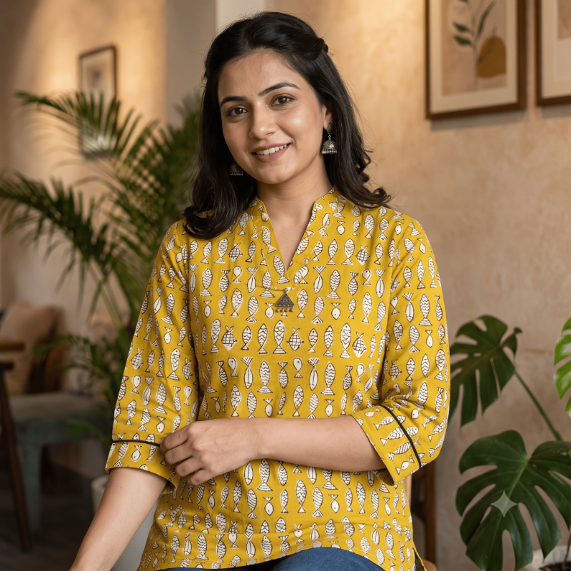 Anvita Mustard Floral Block-Printed Short Kurti