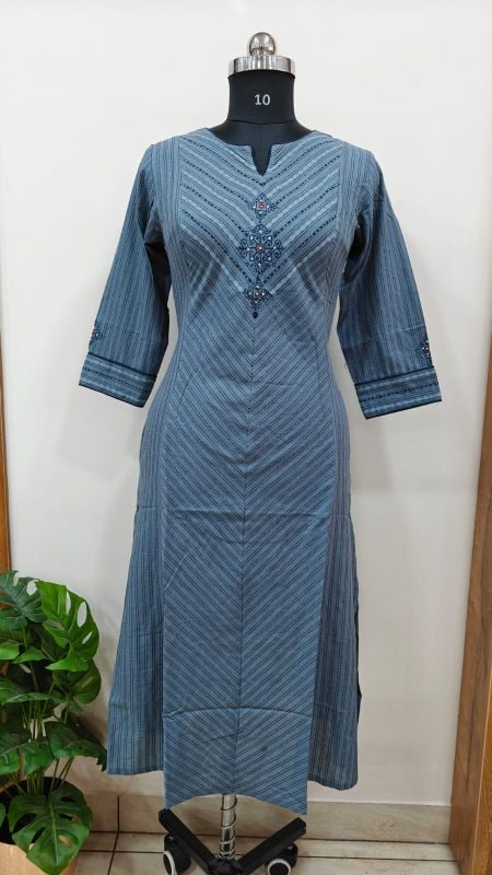 Anvita Steel Blue Chevron-Patterned Cotton Straight Kurti