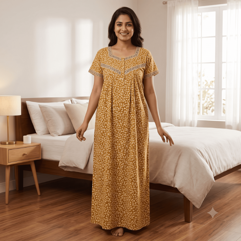 Cotton Printed nighty -Mustard Yellow