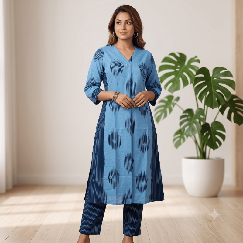 Anvita Sky Blue & Navy Ikat Print 2-Piece Cotton Set