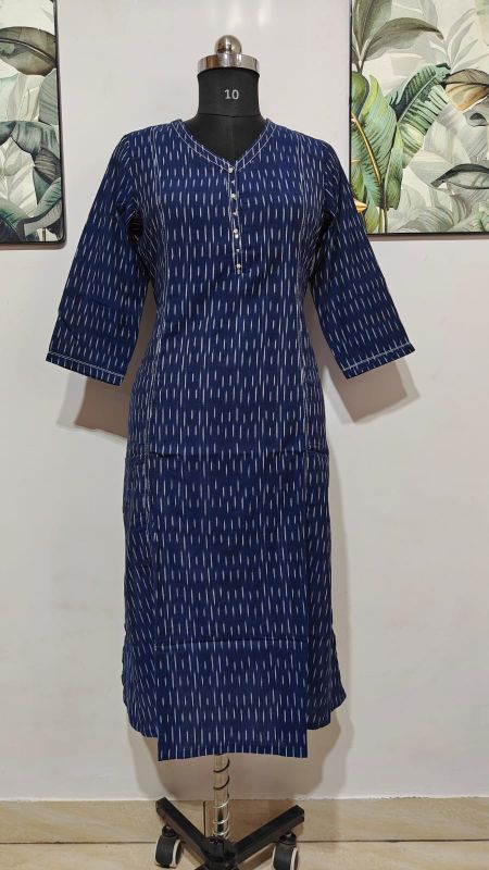 Anvita Indigo Blue Ikat Printed Pure Cotton Kurti / Long Top