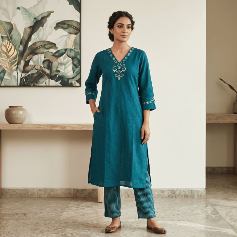 Anvita Elegant Teal Blue 2-Piece Cotton Kurti & Pant Set