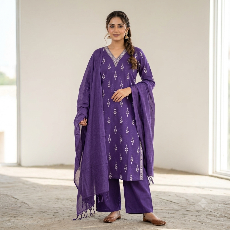 Royal Purple Printed 3-Piece Kurta Set