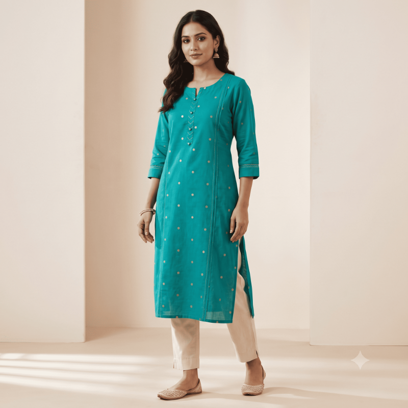 Anvita Teal Green Cotton Kurta with Golden Zari Butas