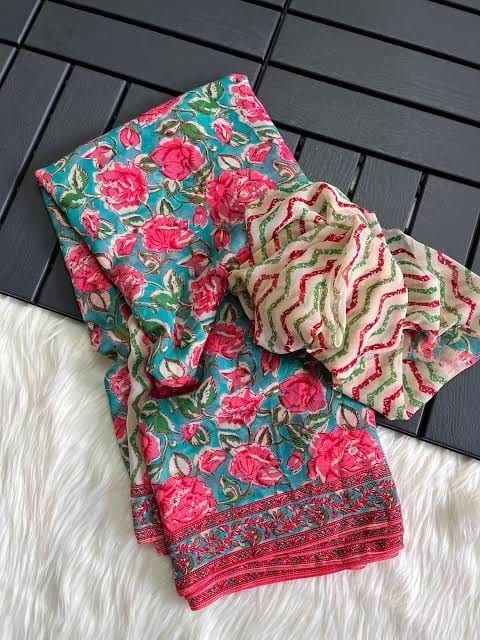 Turquoise & Rose Pink Floral Printed Georgette Saree