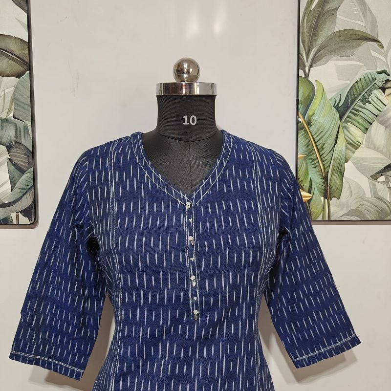Anvita Indigo Blue Ikat Printed Pure Cotton Kurti / Long Top
