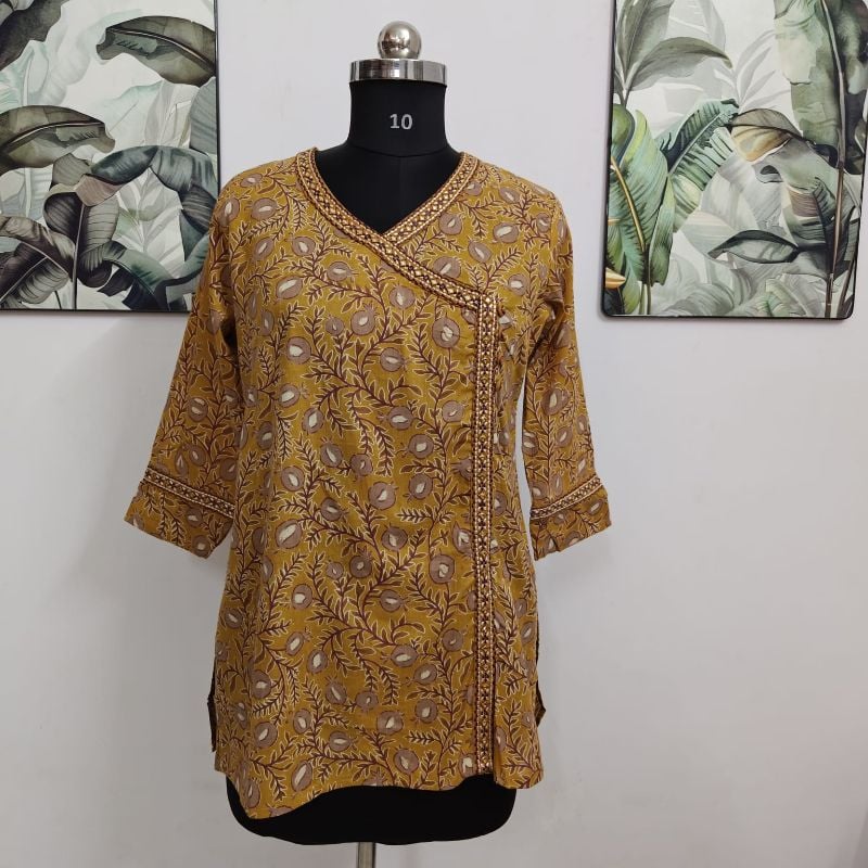 Mustard Yellow Kalamkari Floral Angrakha Short Kurti