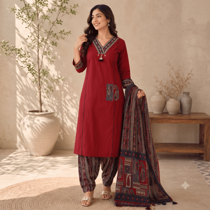 Maroon Kalamkari & Ajrakh Print 3-Piece Kurta Set