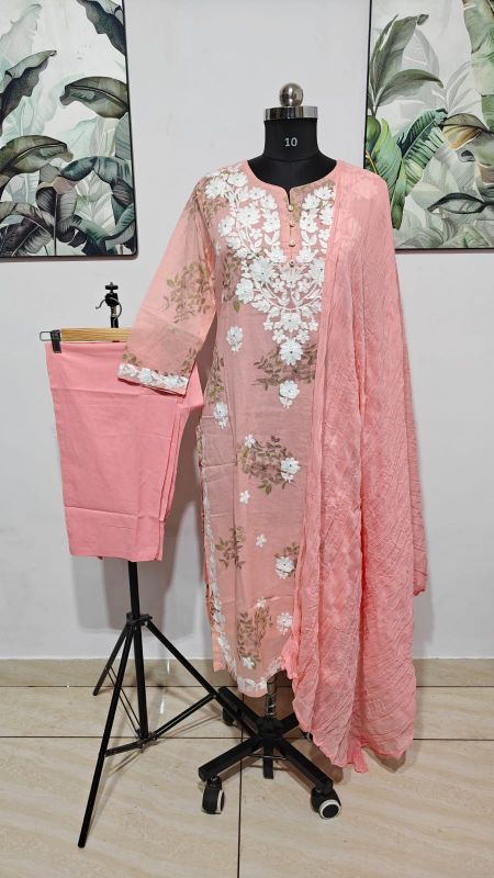 Peach Floral & Chikankari Embroidered 3-Piece Kurta Set