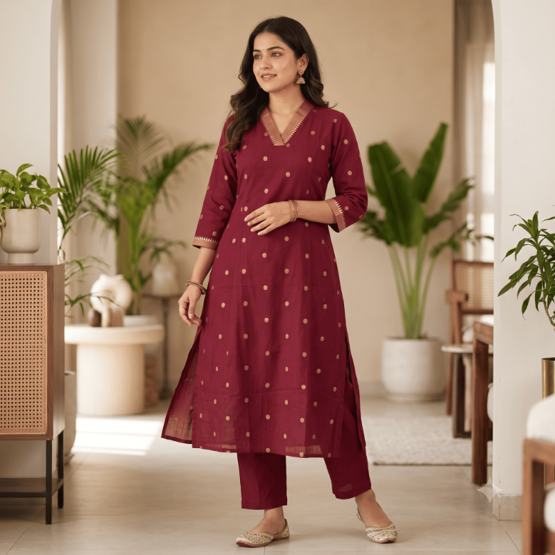 Maroon Mangalagiri Cotton 2-Piece Kurta Set