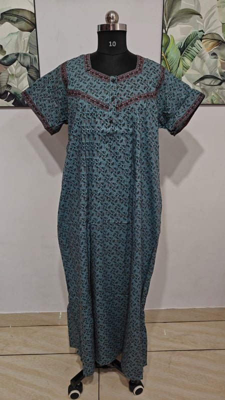 Soothing Teal Blue Floral Printed Cotton Nighty.