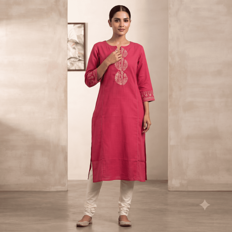 nvita Women Hot Pink Slub Cotton Kurti with Geometric Motif Yoke