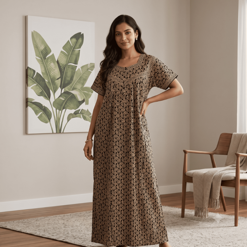 Classic Black & Gold Paisley Cotton Nighty
