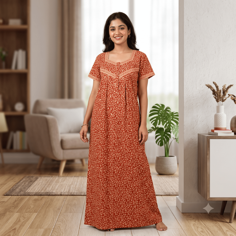 Cotton Printed Rust-Red Nighty