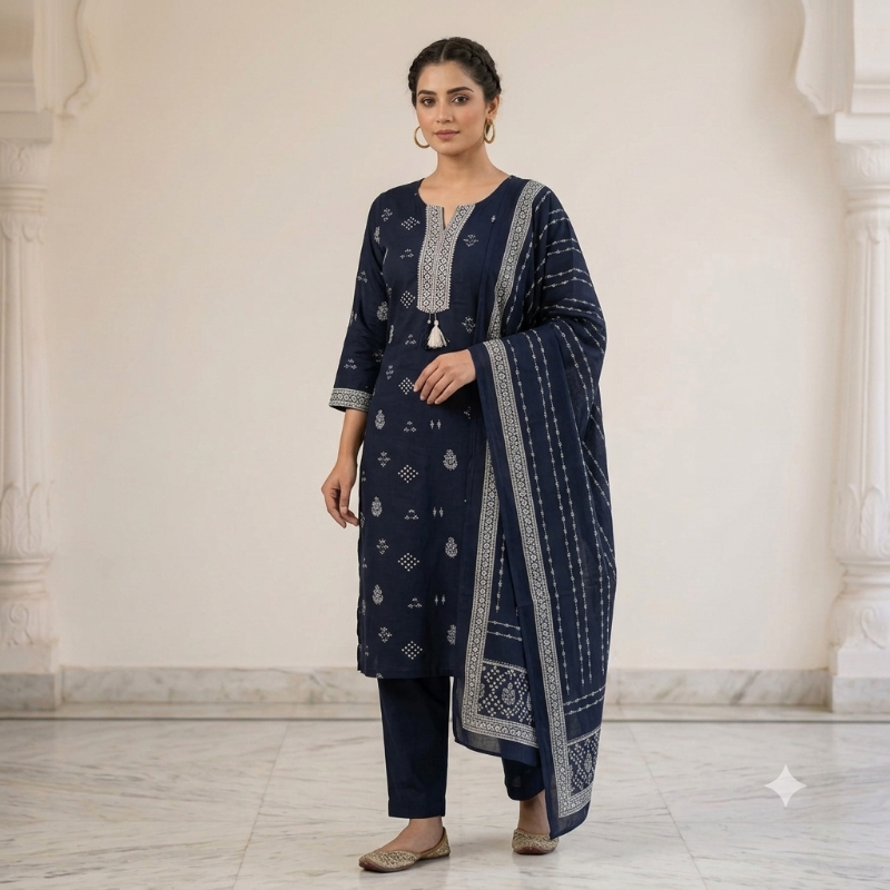 Midnight Blue Bandhani Printed Kurta Set with Embroidered Yoke & Motif Dupatta