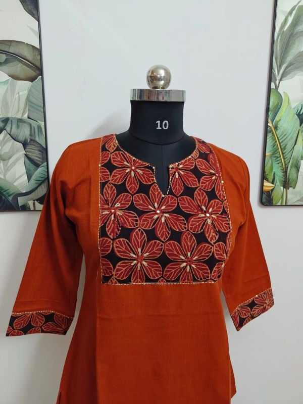 Rust-Orange Floral Yoke Cotton-Blend Short Top