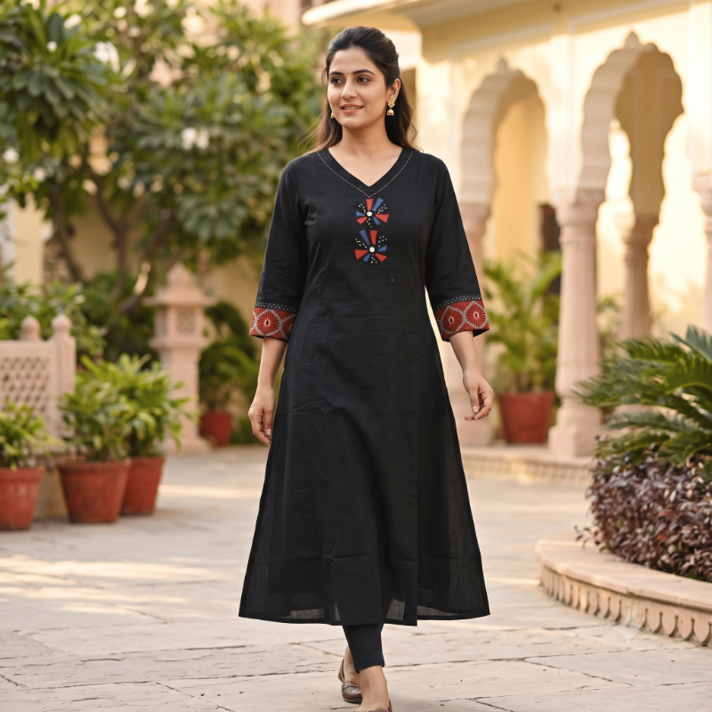 Anvita Classic Black Floral Motif Embroidered Kurta