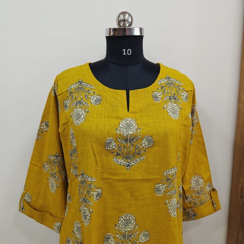 Anvita Mustard Yellow Block Print Slub Cotton Kurti