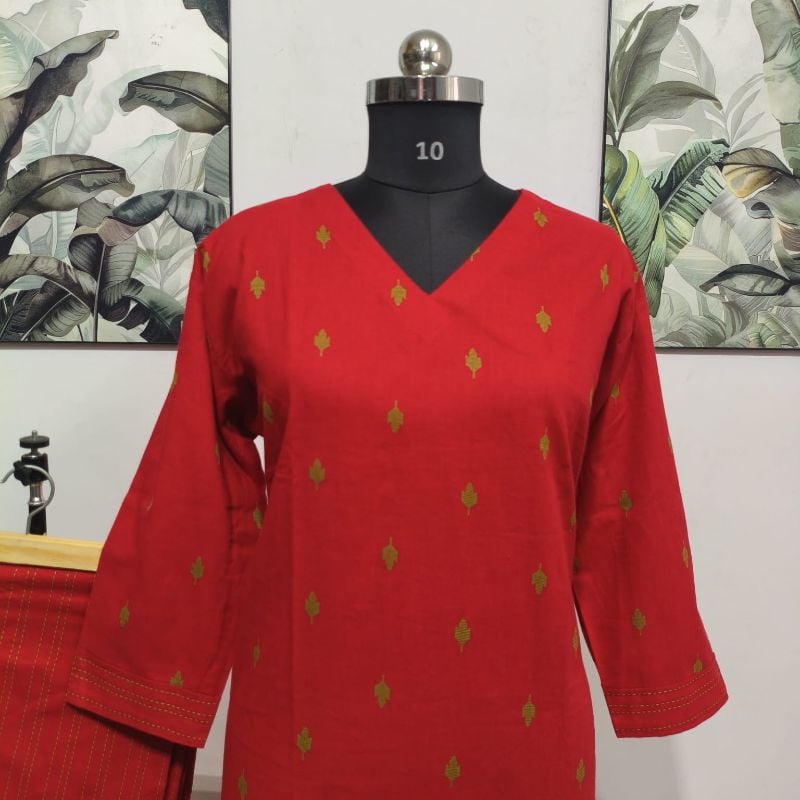 Vibrant Red 2-Piece Kurta & Trousers Set (pluse size collections)