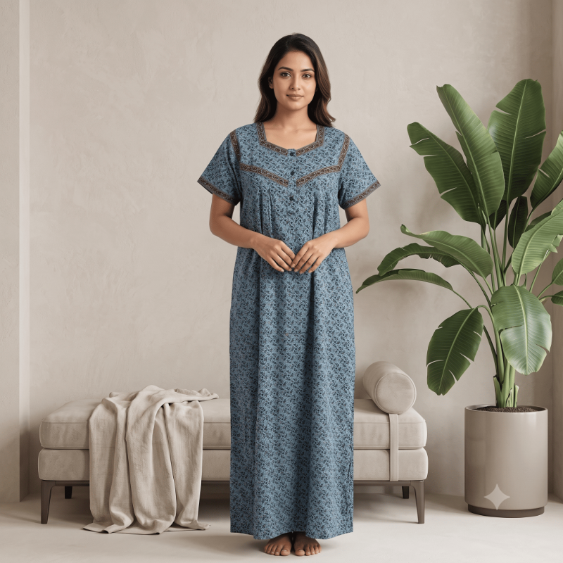 Soothing Teal Blue Floral Printed Cotton Nighty.