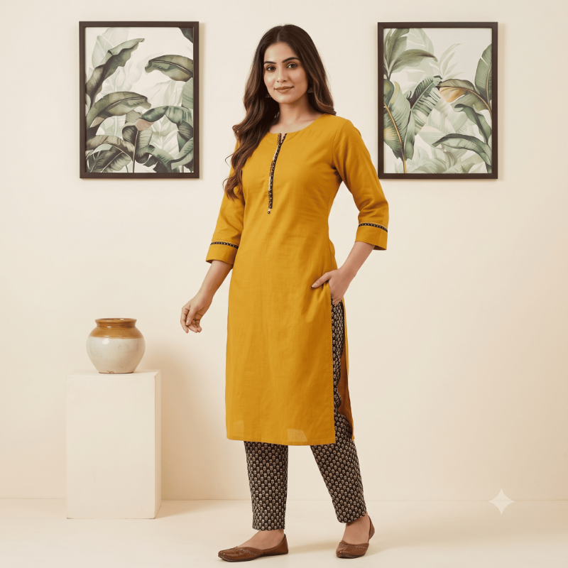 Anvita Vibrant Mustard green & Black Printed 2-Piece Kurti Set