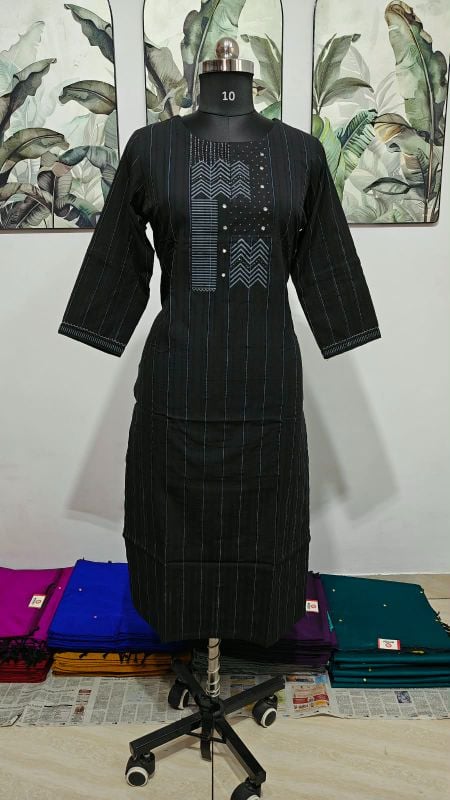 Anvita Charcoal Black Striped Yoke-Embroidered Kurta
