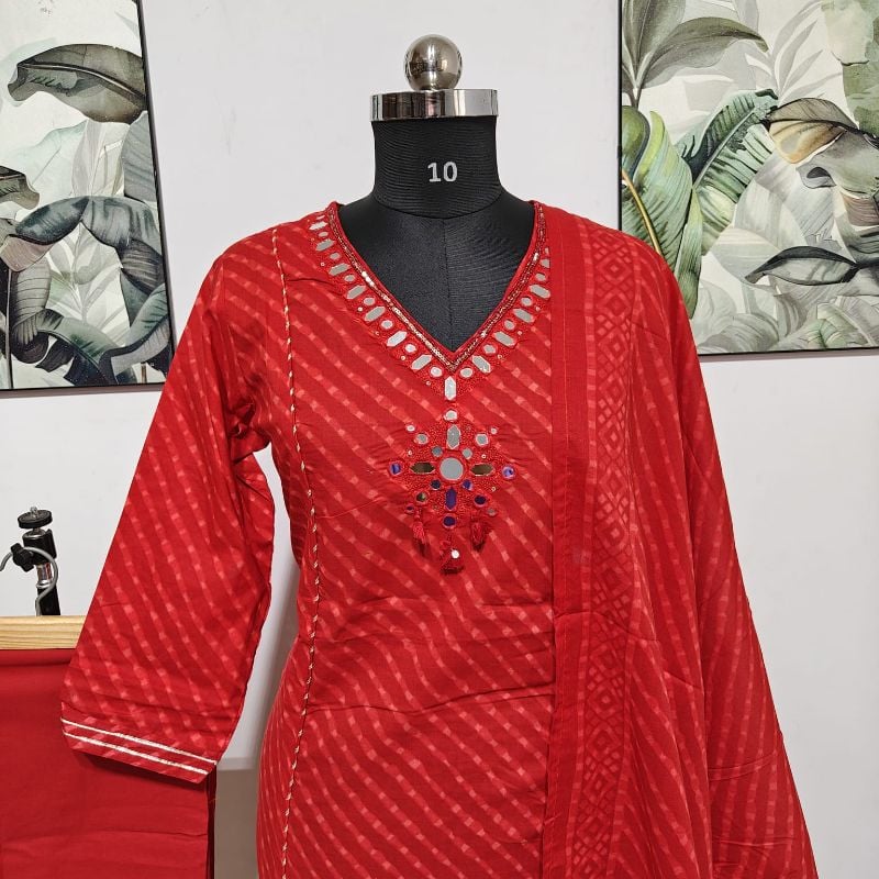 Vibrant Red Leheriya Print 3-Piece Kurta Set with Mirror Work Neckline