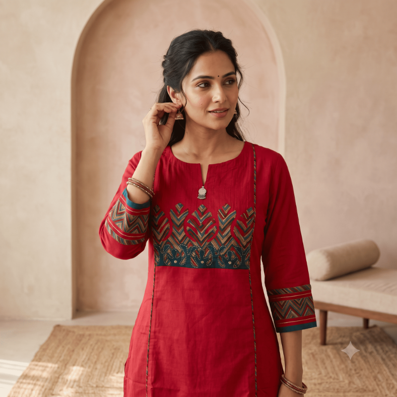 Anvita Crimson Red Zig-Zag Yoke Kurta Set